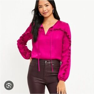 Loft Women's M Blouse Berry Ruffle Tie Neck Mixed Media Long Sleeve Fuchsia Top